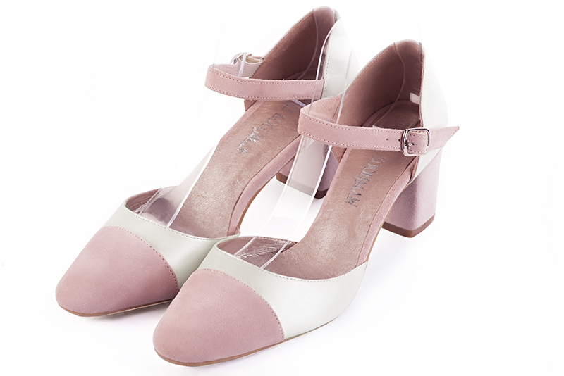 Light pink and pure white women's open side shoes, with an instep strap. Round toe. Medium block heels. Front view - Florence KOOIJMAN